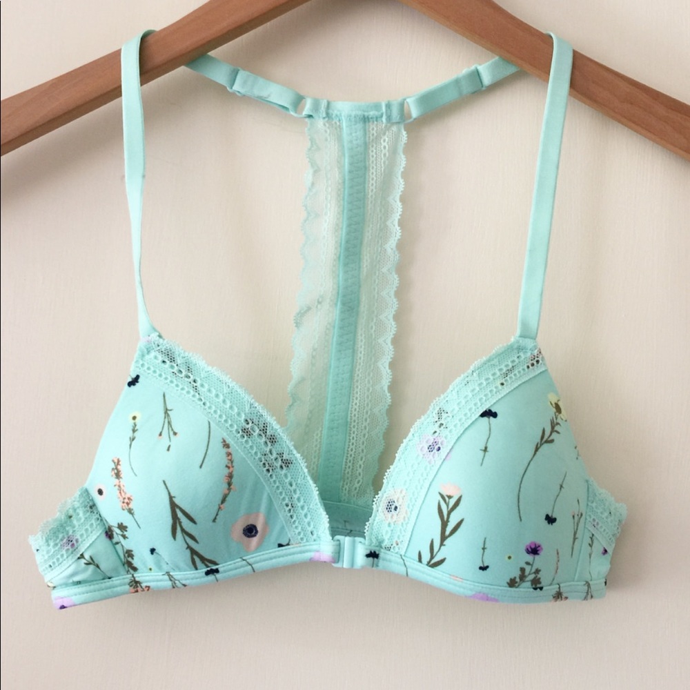 Teal Floral Dainty Razorback Front Clasp Bra